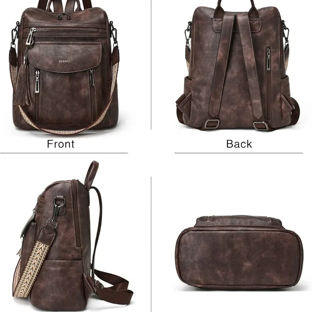 Brown Faux Leather Women's Backpack with Wristlet